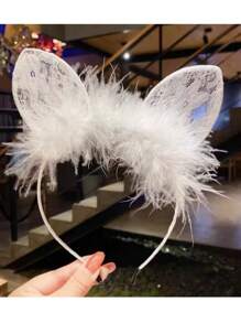 1 pièce Serre-tête élégant pour femmes avec oreilles de chat, dentelle et plumes moelleuses - accessoire cheveux en polyester non extensible pour le cosplay, les soirées déguisées, les événements extérieurs | Bandeau mode pour femmes (noir/blanc)