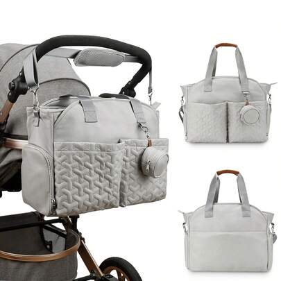 1pc Gray Diaper Bag With Shoulder Strap, Tote Bag With Pacifier Bag, Large Capacity Multi-Functional Maternity Bag For Travel