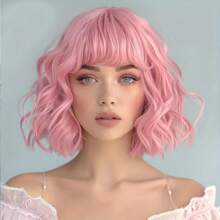 Women'S Pink Bob Wig With Bangs, Elegant Curly Wave, 150% Density, Rose Net Cap, Tanglon Silk, All Ethnicities, No Lace, Full Headpiece, Beauty & Personal Care, Hair Extensions & Accessories Daily Parties, Halloween And Role-Playing