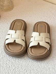 1 双象牙色儿童/青少年 PU 休闲交叉拖鞋凉鞋，防滑，夏季