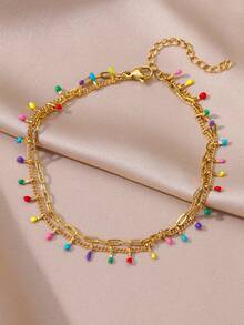 波西米亚风彩色流苏不锈钢沙滩脚链，18K 镀金防褪色防水双层链脚链，海滩度假珠宝配饰，送给母亲/挚友的完美礼物 - 不銹鋼 - 查看 2