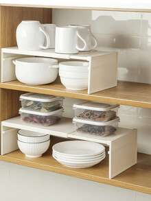 1pc Expandable Kitchen Storage Rack, Plastic Countertop Cabinet Organizer With Adjustable Shelves & Dividers For Spices And Cookware, No Assembly Required, Tiered Shelves, Utensil Rack - Multicolor - View 10