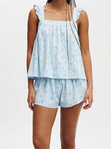 Conjunto de pijama de verano para mujer con parte superior de tirantes con volantes y estampado de moños, y pantalones cortos de pierna ancha, 2 piezas - Azul - Ver 2