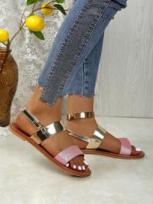 New Stylish Casual Strap Gold Heel Beach Hook And Loop Flat Sandals - Pink - View 5