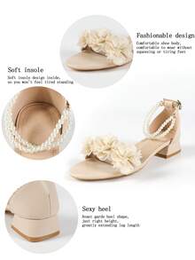 Spring/Summer 3cm Low Heel Square Toe Apricot Wedding Sandals, Elegant Faux Faux Pearl & Flower Decor, Fashionable & Comfortable For Women - Apricot - View 5