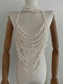 1 Pc Layered Beaded Body Chain - Crystal Drop Statement Necklace For Parties & Wedding Celebrations - White - View 6