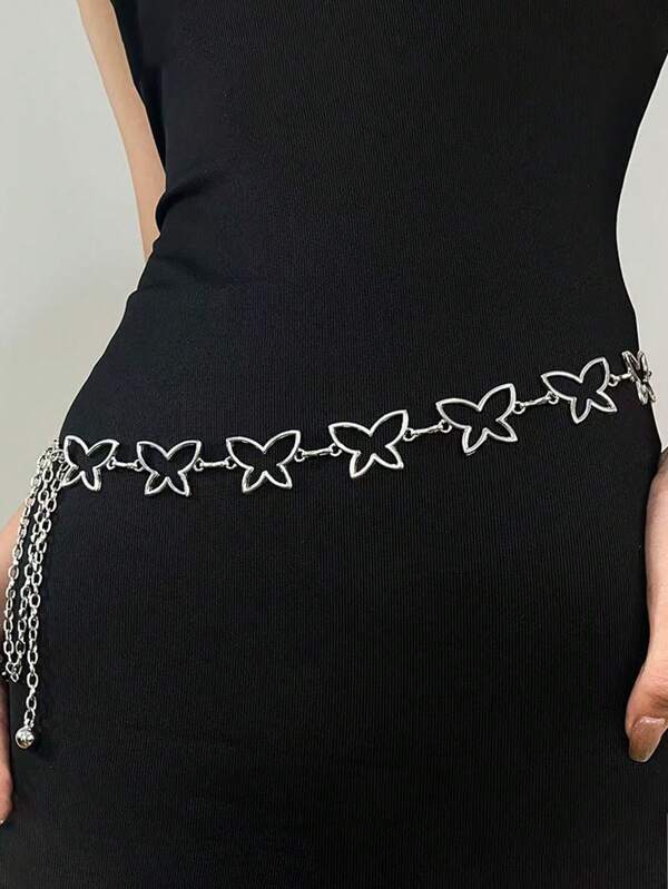 1pc Fashionable Star Heart Butterfly Metal Waist Chain, Minimalist Gold/Silver Adjustable Body Jewelry Dress Accessory For Women Summer
