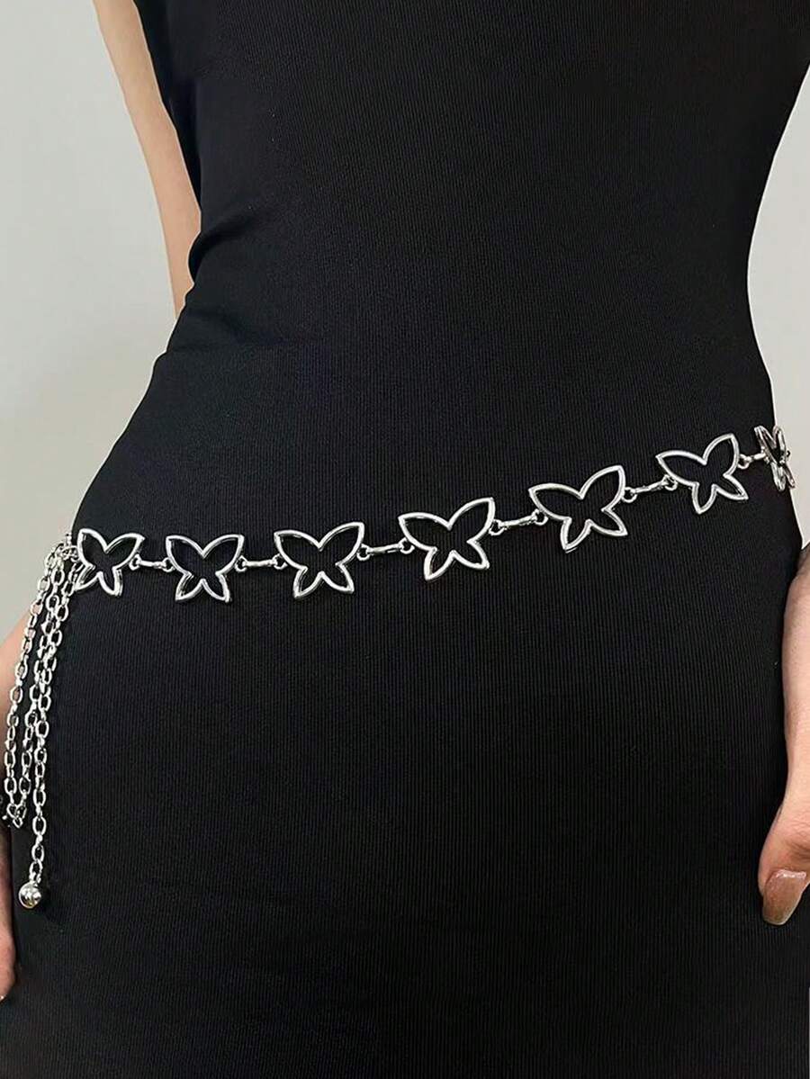 1件时尚星星爱心蝴蝶金属腰链，简约金/银色可调节身体饰品，适合女性夏季、秋季、万圣节等场合佩戴 - 蝴蝶-銀色 - 查看 1