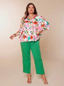 Loose Batwing Sleeve Floral Print Shirt For Women, Pink Single-Breasted V-Neck Half Sleeve Elegant Plus Size Blouse, Vacation Summer Wear