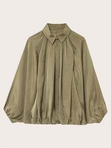 Women Spring/Autumn Solid Color Puff Bomber Jacket - Army Green - View 1