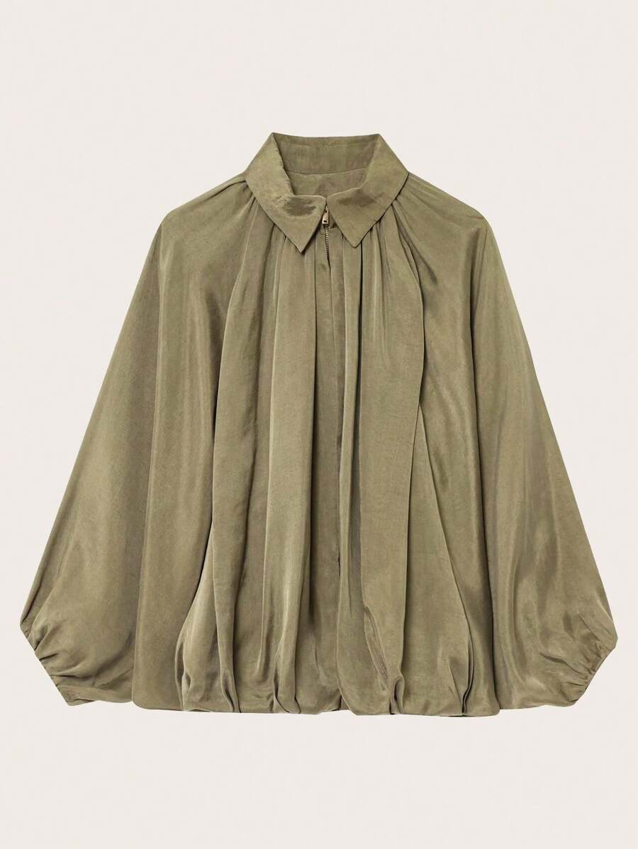 Women Spring/Autumn Solid Color Puff Bomber Jacket - Army Green - View 1