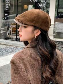 1pc Solid Color Retro Casual Polyester Brimmed Solid Color Beret Hat, Autumn/Winter Fashion Artist Cap Newsboy Cap