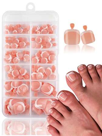 120pcs White French Manicure Nail Stickers, Glossy Square Natural Nude Color False Toenails, Acrylic Classic Artificial Toenails, Suitable For Women And Girls, Foot Decoration, French Manicure Supplies