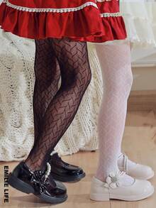 Kids' Striped Fishnet Tights, Jacquard Hollow-Out White Pantyhose, Kawaii Design For Spring/Summer, Suitable For Indoor & Outdoor