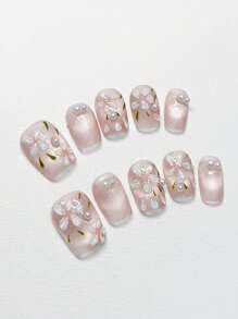 10pcs Hand-Painted 3D Flower Style Pearl Decorated Elegant Cat Eye Nail Tips, Pastel Pink Handcrafted Premium Nail Art, Spring/Summer
