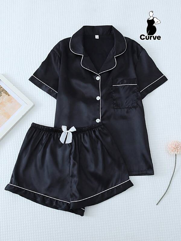 2pcs/Set Plus Size Women Solid Satin Short Sleeve Collared Top And Bow Shorts Pajama Set, Summer Loungewear