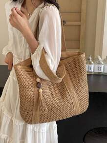 Nowa modna damska torba typu tote, jednolity kolor, prosta słoma tkana, duża pojemność, trwała, lekka, w stylu boho, odpowiednia na plażę, w podróż, uniwersalna i elegancka