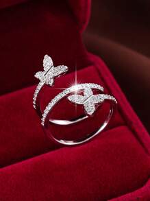 Anillo envolvente abierto con diseño de mariposa, de cobre con circonita sintética, joyería de uso diario ajustable para todas las estaciones