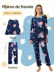 2Pzs Conjuntos De Pijamas Gruesos y Cálidos Térmica Para Mujer Top Y Pantalón pijama Polar Mujer - Azul Marino - Ver 4