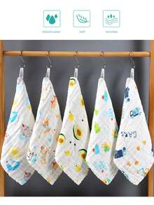 1 套（5 件）婴儿毛巾、柔软面巾、婴儿浴巾、喂奶巾、围兜、拍嗝巾、手帕、婴儿沐浴礼品 - 卡通图案 - 彩色 - 查看 17