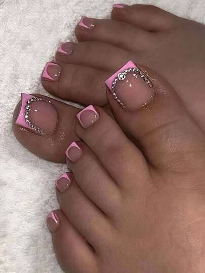 24Pcs European & American Style Cute Pink Rhinestone Short Press-On Toenail Tips Press On Nails Nail Supplies Nails