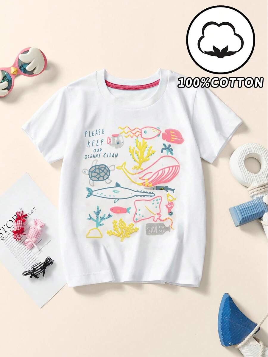 1 件年轻女孩休闲卡通海洋动物鱼印花圆领短袖 T 恤上衣，时尚，适合春夏季 - 白色 - 查看 1