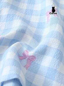 2pcs/Set Plus Size Women's Blue & White Plaid Bow Print Short Sleeve Collared Top With Pocket And Bow Shorts Pajamas Loungewear Set, Spring/Summer, Outfits