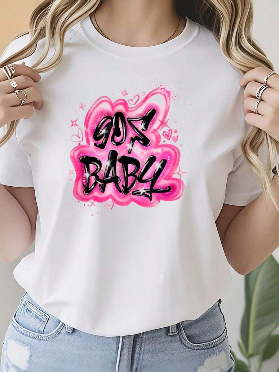 90s Classic Airbrush Style Graphic Retro Birthday T-Shirt       Cotton Summer TopsT-Shirt For Women - 白色 - 查看 1