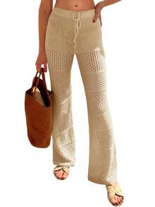 FISOEW Womens Beach Cover Up Pants Boho Crochet Knit High Waist Drawstring Sheer Hollow Swim Pant Swimwear - Khaki - View 2