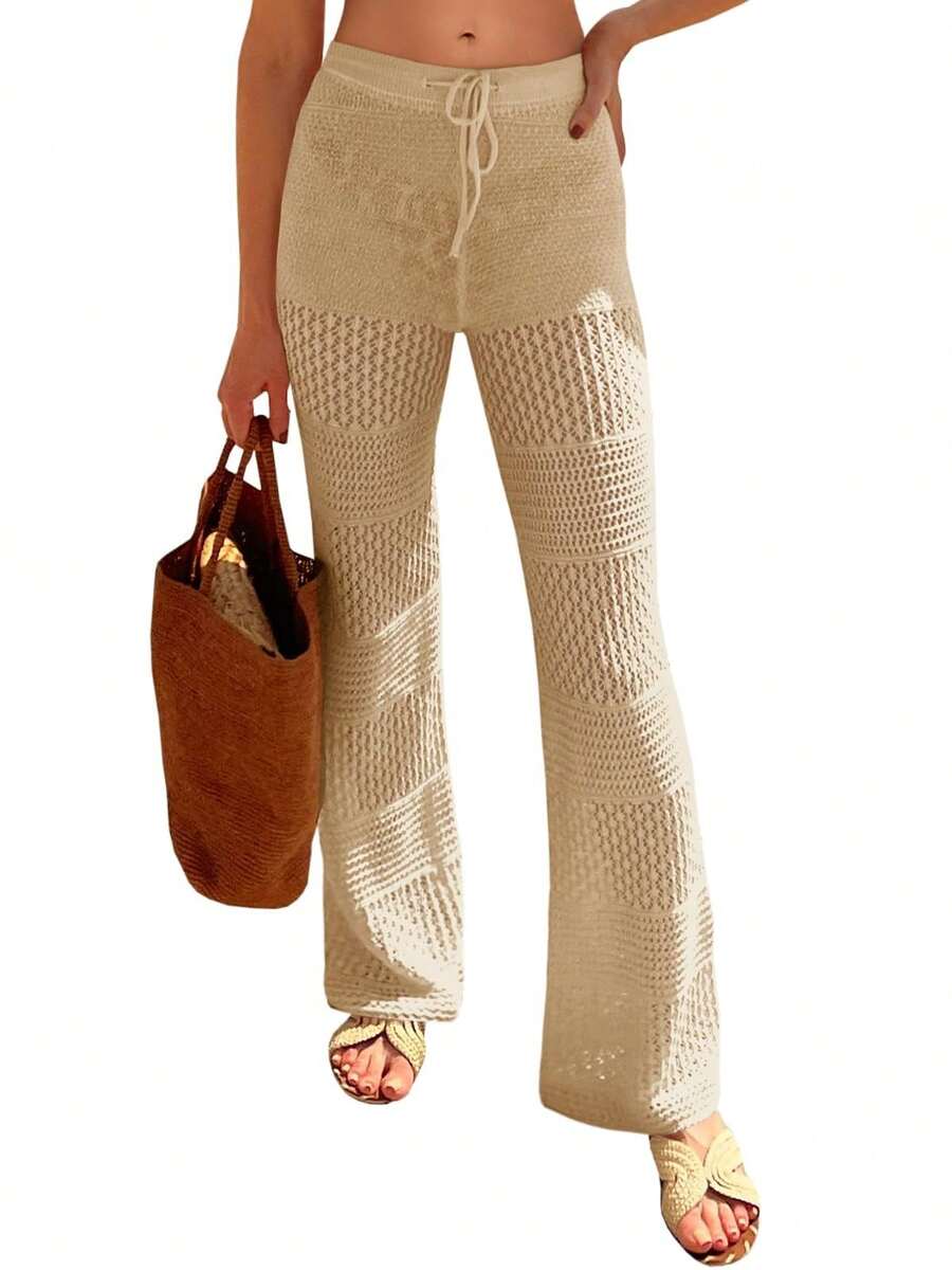 FISOEW Womens Beach Cover Up Pants Boho Crochet Knit High Waist Drawstring Sheer Hollow Swim Pant Swimwear