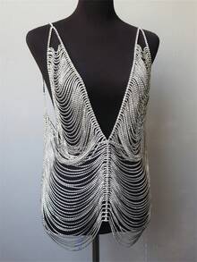 1pc Fashionable Multi-Layer Crystal Rhinestone Body Chain, Luxury Halter Tassel Bikini Bra Chain, Skirt Accessory - Silver - View 2