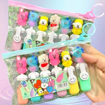 Kit de 6 mini resaltadores BT21, colores surtidos, diseño compacto y divertido, ideal para estudiantes, oficina, agendas y subrayar apuntes, prácticos, portátiles y de larga duración, personajes populares, regalo perfecto