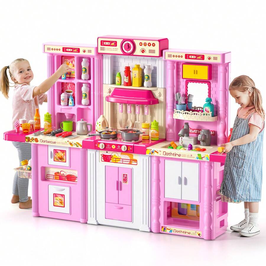 HENGPHY 3 IN 1Pretend Play Kitchen Girls Toys For Toddler Kids, With Sound And Music Smoke Cooking Accessory Pretend Play Kitchen Toy For Birthday Gifts Girls