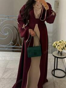 SuofeiMan Nuevo estilo minimalista de Oriente Medio para verano/otoño, abaya con lazo, chaqueta casual de color borgoña sólido, suave y cómoda con cinturón, abaya de festival, abaya de uso diario