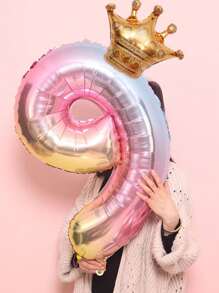1pc 32-Inch Foil Gradient Number Crown Shape Balloon, Birthday Party Decoration, Baby Shower, Wedding Anniversary, Theme Party Decoration, Children's Birthday Decor Balloon
