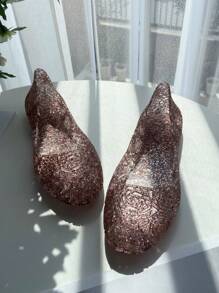 Women's Sandals, Shiny Jelly Hollow Fruit Design Beach & Home Flat Closed Toe Aqua Shoes, Soft Breathable Glitter Rose Pattern Sandals, Summer