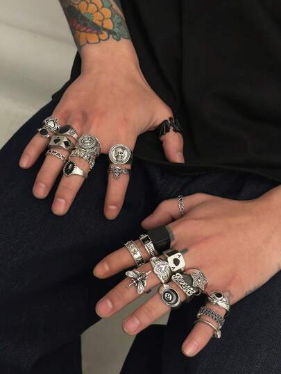 24pcs Fashionable Street Punk Style Skull & Letter Print Rings Set, Men's Casual Everyday Accessories