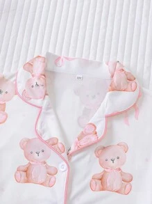 2pcs Girls Pajama Sets, Summer New Cute Teddy Bear Print Cardigan Shirt & Shorts Loungewear Homewear For Kids, Washable & Wearable Outside