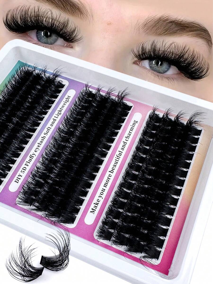 192pcs/Set Artificial Mink Lashes 160D+120D+100D Fluffy Individual Lash Extensions, 5D 0.07mm Curled Lashes, 14-20mm Mixed Tray Lash Clusters, Makeup Tools, Large Capacity For Personal Lash Extension, Suitable For Home Use, Daily Makeup And Costume Play - D - View 1