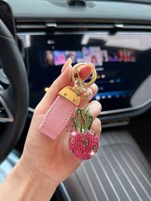 1pc Leather Belt Alloy Rhinestone Fruit Design Car Keychain - one-size - View 4