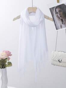1 pieza Bufanda de mujer elegante, suave y ligera de unicolor con flecos, ideal como chal protector solar para salir - A - Ver 24