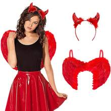 morningsilkwig 2 Pcs Devil Costume Women - Red Angel Wings Adult Red Devil Horns Devil Accessories - Women Devil Costume - Red Devil Wings And Devil Headband Cosplay Set Valentine'S Day Halloween - Red 2 - View 3