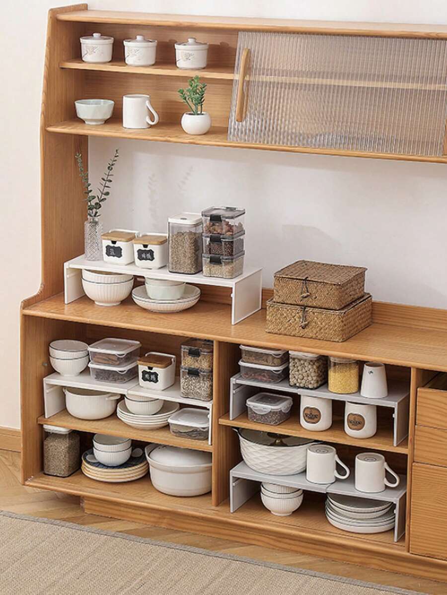 1pc Expandable Kitchen Storage Rack, Plastic Countertop Cabinet Organizer With Adjustable Shelves & Dividers For Spices And Cookware, No Assembly Required, Tiered Shelves, Utensil Rack - Multicolor - View 1