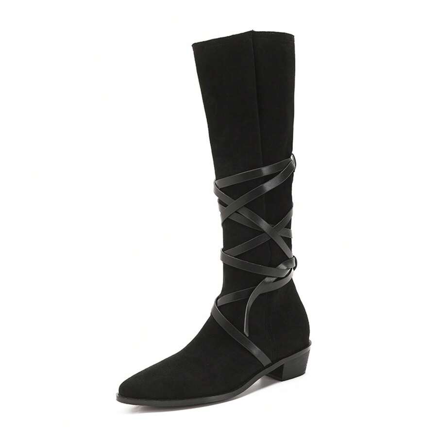 New Style Of Western Cowboy Boots With Pointed Straps, Retro Mid-Calf Boots With High Heels, And Long Boots For Women - Black - View 1