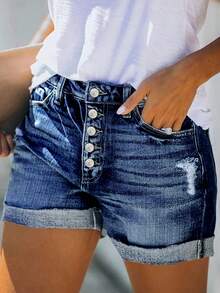 STLY New Plus Size Women Vintage Distressed Frayed Hem Raw Edge Front Button Fly Classic Blue Denim Shorts - Medium Wash - View 3
