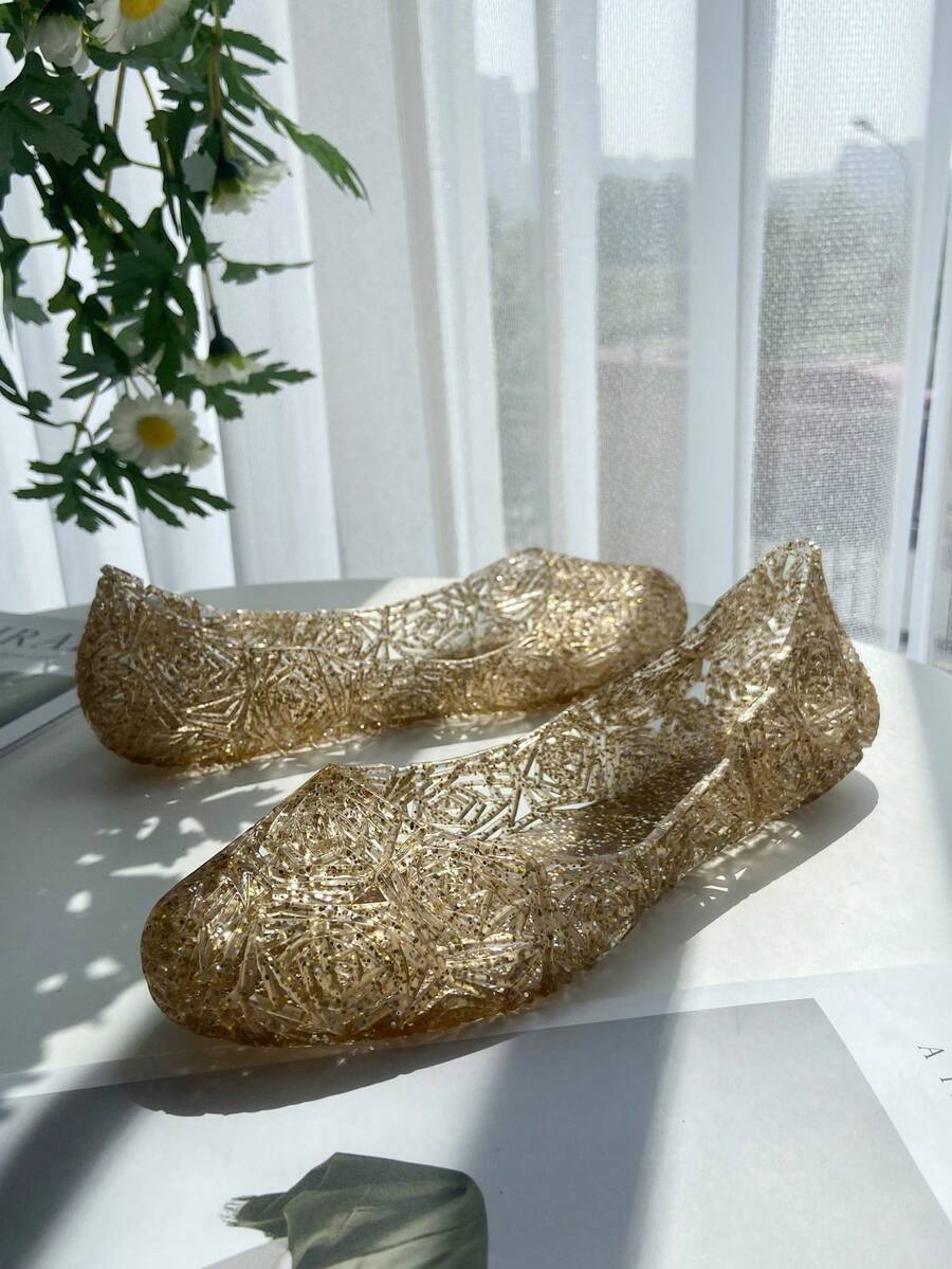 Women's Glitter Jelly Sandals, Hollow-Out, Slip-On, Beach, Home, Summer Flat Closed Toe Shoes, Soft Perforated Rose Pattern Vamp Sandals - Gold - View 1