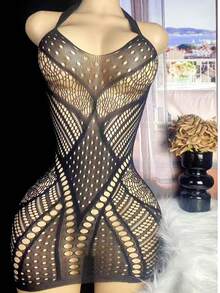 女士镂空连衣裙渔网性感内衣，适合浪漫的夜晚 - 黑色 - 查看 5