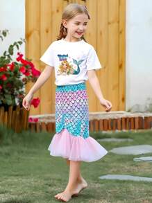 2 pièces/set Top à manches courtes avec imprimé princesse fantaisie et jolie jupe sirène en maille dégradée multicolore à écailles de poisson pour petites filles