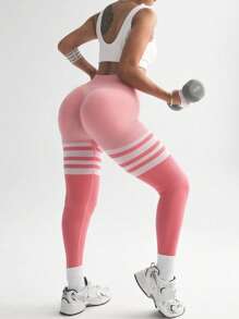 Spring Summer Pink Color Block Seamless Yoga Pants For Women, High-Waisted Outdoor Workout Leggings, Pink Athletic Pants For Biking, Hiking, Climbing, Running.