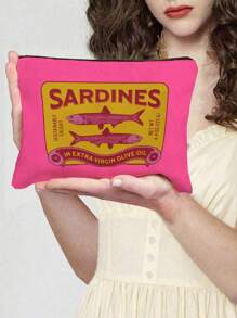 Geantă de mână și genți cosmetice multifuncționale cu imprimeu retro cu sardine, portofel pentru monede din in roșu-roșu, geantă de cumpărături, geantă de plajă, geantă de machiaj, portofel pentru monede, geantă de frumusețe, depozitare cosmetice în căminul universitar, potrivită pentru călătorii, plaje și întoarcerea la școală, cadou de ziua de naștere, cadou de Ziua Mamei (direcția frânghiei este aleatorie)